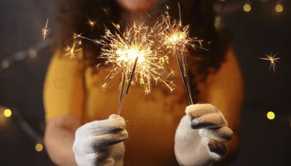 Woman wearing white gloves holding burning sparklers celebrating christmas eve, AI generated