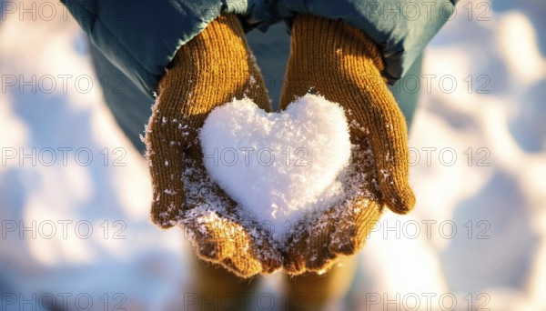 Hands wearing yellow gloves holding a heart made of snow during a cold winter day, AI generated