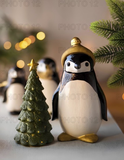 Christmas penguins figurines celebrating winter holidays with a lighted tree and blurred lights, AI generated