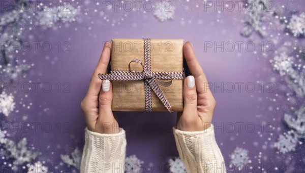 Woman holding christmas present with purple snowy background, AI generated