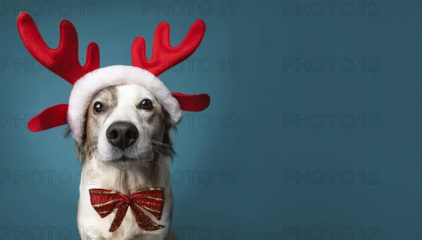 Adorable dog celebrating christmas with festive antlers and bow tie against a vibrant teal backdrop, AI generated