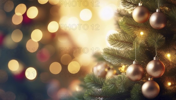 Festive christmas tree with golden baubles and warm string lights creating a magical holiday atmosphere, AI generated