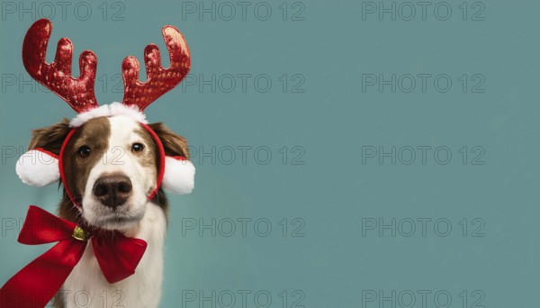 Border collie dog wearing reindeer antlers headband and red bow tie on teal background celebrating christmas, AI generated