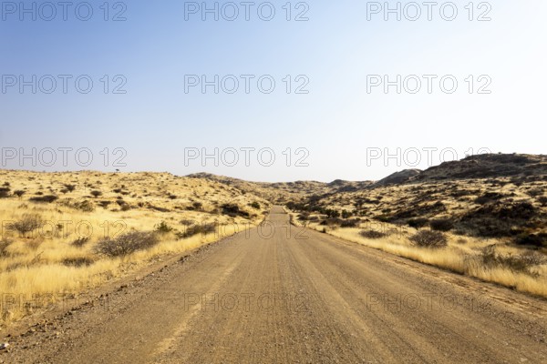 A road Spreetshoogte Pass in Namibia, with a gravel road winding through golden grassland and rocky hills under a bright, clear sky