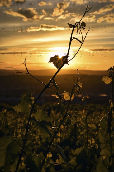 Vine in the sunset, backlight, vineyard, Rhineland-Palatinate, Germany