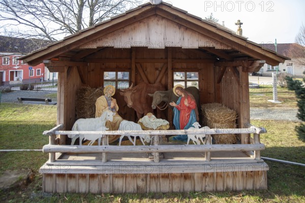 Depiction of the Nativity scene in a traditional nativity scene scene with figures and animals, Weinviertel Lower Austria Austria