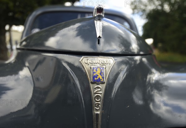 Front view of a vintage Peugeot 203, seen at a company anniversary of Energie-Mann in Westerwald
