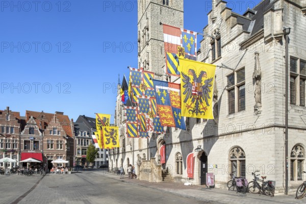 14th century city hall with belfry on the Market Square in the historic town centre of Dendermonde, Termont, East Flanders, Belgium
