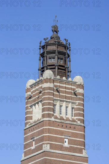 Courthouse, court house tower, expressionist brick architecture in the city centre of Dendermonde, Termont, East Flanders, Belgium