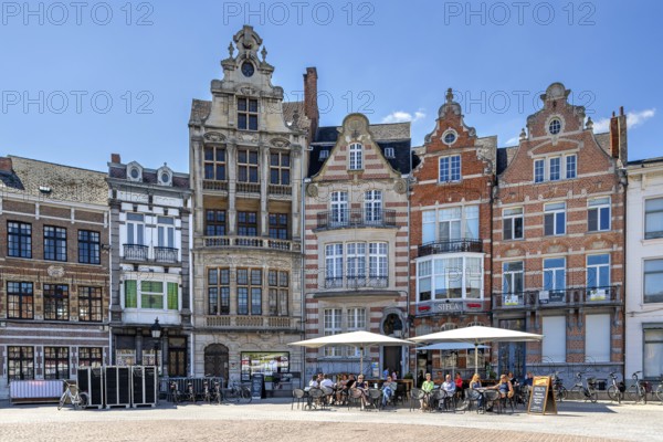 Historical houses and pavement cafes on Market Square in historic city centre of Dendermonde, Termont, East Flanders, Belgium