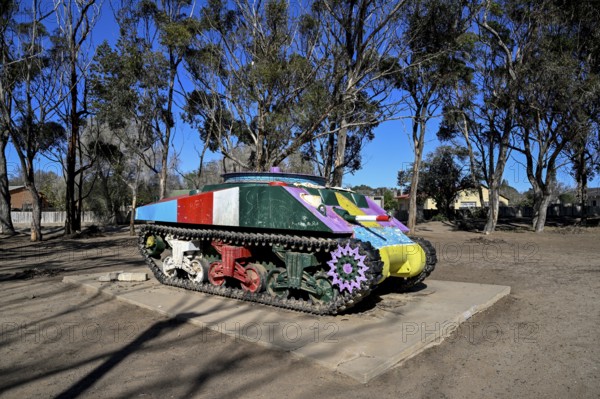 Shermann tank converted into a mining machine for diamond extraction, Tank Park, Oranjemund, diamond restricted area, Karas region, Namibia