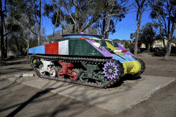 Shermann tank converted into a mining machine for diamond extraction, Tank Park, Oranjemund, diamond restricted area, Karas region, Namibia