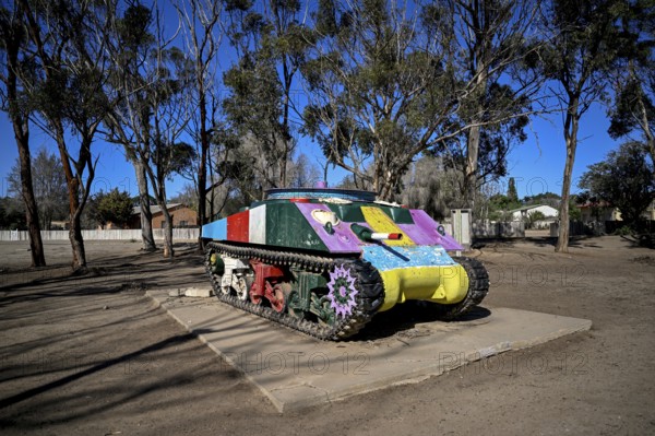 Shermann tank converted into a mining machine for diamond extraction, Tank Park, Oranjemund, diamond restricted area, Karas region, Namibia