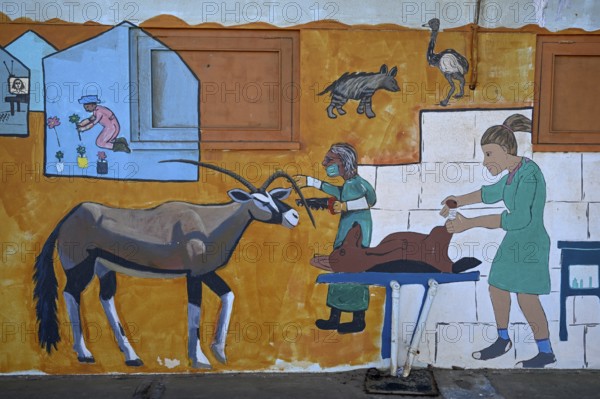 Wall painting of an oryx antelope (Oryx gazella) at a school, Oranjemund, Diamond Sperrgebiet, Karas Region, Namibia