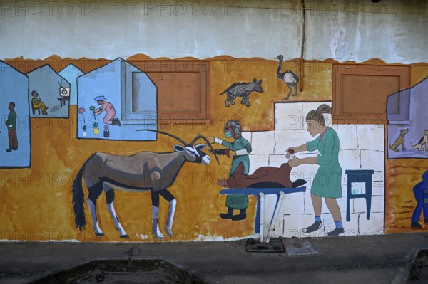 Wall painting of an oryx antelope (Oryx gazella) at a school, Oranjemund, Diamond Sperrgebiet, Karas Region, Namibia