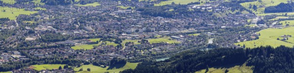 Panorama from Mittagberg, 1451m, into the Upper Illertal with the southernmost town in Germany, Sonthofen, Allgäu, Bavaria, Germany
