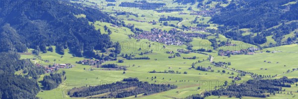 Panorama from Mittagberg, 1451m, into the Upper Illertal with the municipality of Rettenberg, behind it the district of Kranzegg, Oberallgäu, Allgäu, Bavaria, Germany