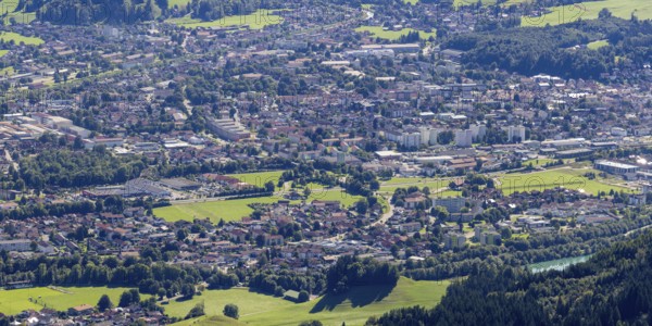 Panorama from Mittagberg, 1451m, into the Upper Illertal with the southernmost town in Germany, Sonthofen, Allgäu, Bavaria, Germany