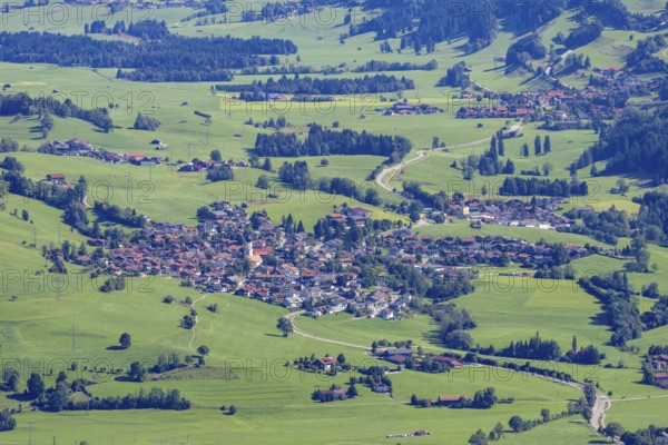 Panorama from Mittagberg, 1451m, into the Upper Illertal with the municipality of Rettenberg, behind it the district of Kranzegg, Oberallgäu, Allgäu, Bavaria, Germany