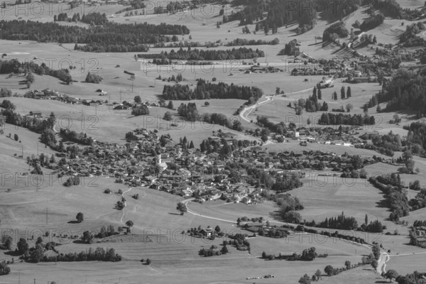 Panorama from Mittagberg, 1451m, into the Upper Illertal with the municipality of Rettenberg, behind it the district of Kranzegg, Oberallgäu, Allgäu, Bavaria, Germany