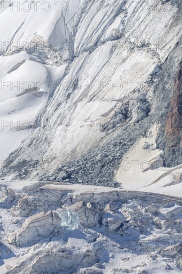 Broad alpine landscape shows glaciers and snow deposits. The mountains are visible in the background and create a calm and majestic scenery. Gorner Glacier, Zermatt, Valais, Alps, Swiss