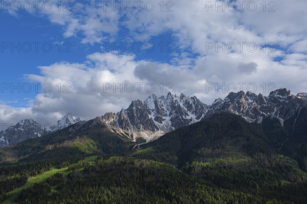 View of the local mountains of San Candido, Haunold, Birkenkofel, Haunold Group, Val Pusteria, Sesto Dolomites, Dolomites, South Tyrol, Italy