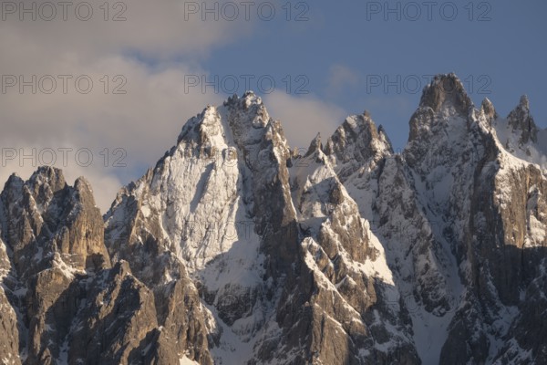 Close-up of the Haunhold mountain peak in the evening light, Haunhold Group, Haunold Group, San Candido, Val Pusteria, Sesto Dolomites, Dolomites, South Tyrol, Italy