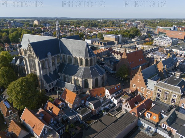 Large church in the middle of a cityscape with traditional houses and green trees, Aerial view, Grote Sint-Laurenskerk, Church, Alkmaar, Alkmar, Noord-Holland, North Holland, Netherlands