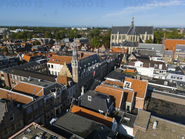 Aerial view of a city with historic buildings and a church under a clear sky, aerial view, town hall and Grote Sint-Laurenskerk, church, Alkmaar, Alkmar, Noord-Holland, Noord-Holland, Netherlands