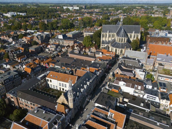 Panorama of the city with dominant church and surrounding historical buildings, under blue sky, aerial view, town hall and Grote Sint-Laurenskerk, church, Alkmaar, Alkmar, Noord-Holland, Noord-Holland, Netherlands