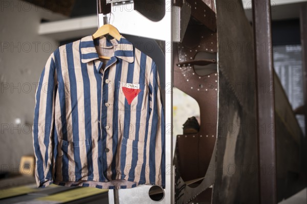 Copy of a blue and grey striped jacket of a concentration camp prisoner, documentation centre in the old Engelberg tunnel, first motorway tunnel in Germany, 1944 and 1945 production site for wings, Messerschmitt Me 262 fighter aircraft, forced labour, station on the path of remembrance, Leonberg Concentration Camp Memorial, Leonberg, Baden-Württemberg