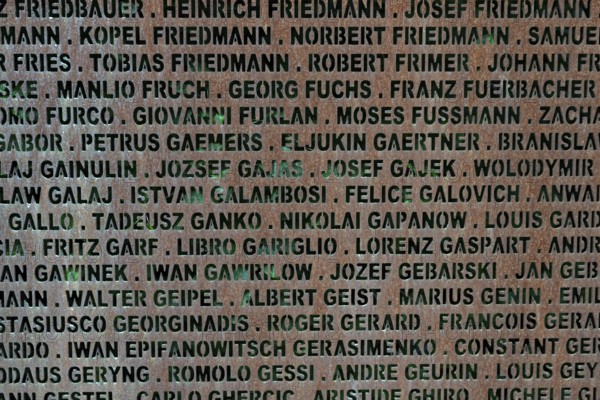 Detail, name wall made of steel plates with a total of 2908 laser-engraved names of former concentration camp prisoners and forced labourers, station on the Path of Remembrance, Leonberg Concentration Camp Memorial, Leonberg, Baden-Württemberg