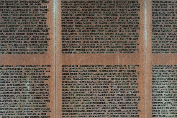Detail, name wall made of steel plates with a total of 2908 laser-engraved names of former concentration camp prisoners and forced labourers, station on the Path of Remembrance, Leonberg Concentration Camp Memorial, Leonberg, Baden-Württemberg