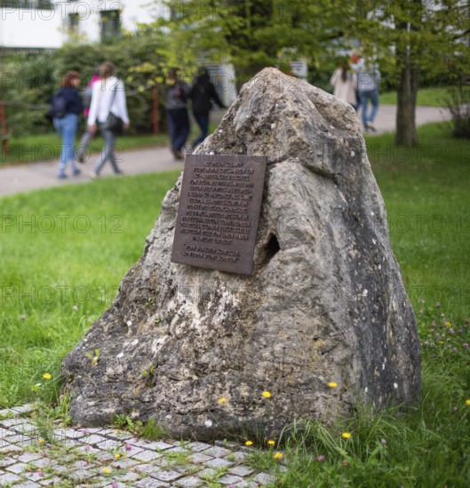Stone with memorial plaque commemorating forced labourers and prisoners in concentration camp labour camps, station on the Path of Remembrance, Leonberg Concentration Camp Memorial, Leonberg, Baden-Württemberg