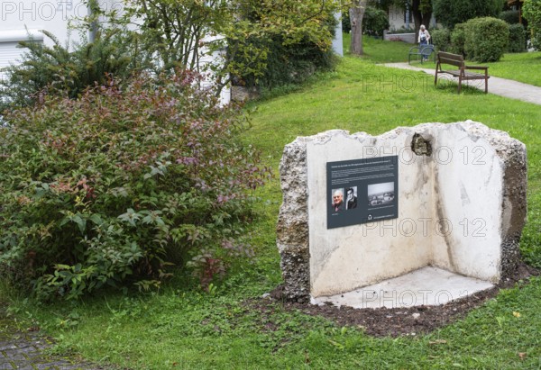 Memorial plaque with photos of a former concentration camp inmate, remains of the walls of a concentration camp that existed from 1044 to 1945, today a residential area, station on the Path of Remembrance, Leonberg Concentration Camp Memorial, Leonberg, Baden-Württemberg
