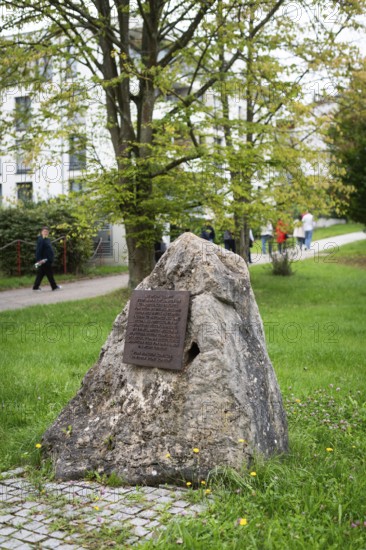 Stone with memorial plaque commemorating forced labourers and prisoners in concentration camp labour camps, station on the Path of Remembrance, Leonberg Concentration Camp Memorial, Leonberg, Baden-Württemberg