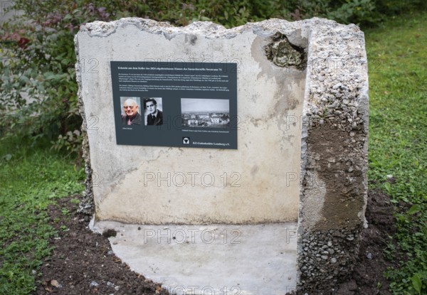Memorial plaque with photos of a former concentration camp inmate, remains of the walls of a concentration camp that existed from 1044 to 1945, today a residential area, station on the Path of Remembrance, Leonberg Concentration Camp Memorial, Leonberg, Baden-Württemberg