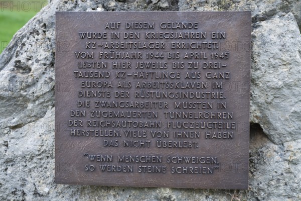 Stone with memorial plaque commemorating forced labourers and prisoners in concentration camp labour camps, station on the Path of Remembrance, Leonberg Concentration Camp Memorial, Leonberg, Baden-Württemberg