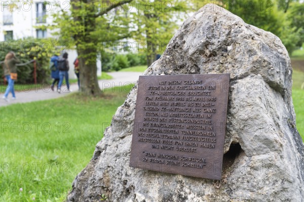Stone with memorial plaque commemorating forced labourers and prisoners in concentration camp labour camps, station on the Path of Remembrance, Leonberg Concentration Camp Memorial, Leonberg, Baden-Württemberg