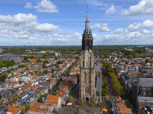 Central view of the historic city centre with high church tower and many red roofs, aerial view, Nieuwe Kerk, New Church, Market Square, Delft, Province of South Holland, Zuid-Holland, Netherlands