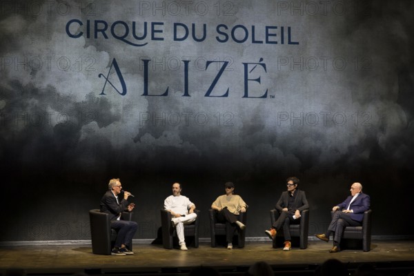 Vlnr: Thomas Steinberg (presenter), Raphäl Navarro and Valentine Losseau (authors), Fabrice Becker (Creative Director) and Marek Lieberberg (CEO Live Nation Germany) after the press screening of Alizé, a joint production by Cirque du Soleil and Live Nation at the Theater am Potsdamer Platz, Berlin, 23.09.2025