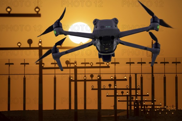 Symbolic image, photomontage, reconnaissance, spying with drones here at an airport, critical infrastructure, spying with camera drones