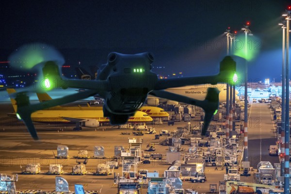 Symbolic image, photomontage, reconnaissance, spying with drones here at an airport, critical infrastructure, spying with camera drones
