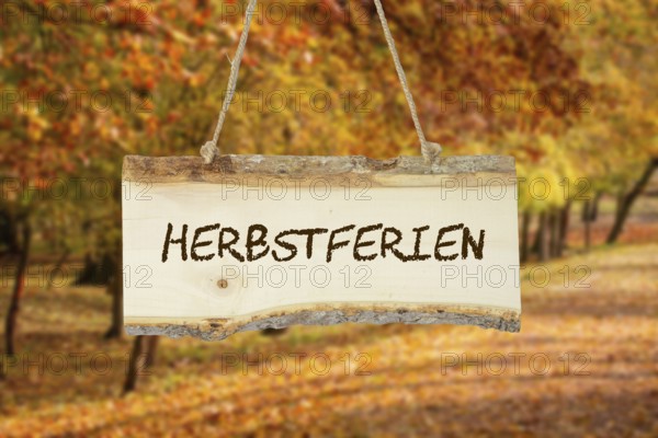 (photomontage) : Wooden sign with the inscription HERBSTFERIEN in front of an autumn-coloured deciduous forest