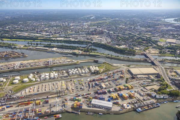 Aerial view, Duisburg harbour with Ruhrort container terminal, oil island and coal island, river Ruhr with Ruhr lock Duisburg Pontwert and Rhine-Herne-Canal, Karl-Lehr-Bridge, Ruhrort, Duisburg, Ruhr area, North Rhine-Westphalia, Germany, DE, Europe, harbour, harbour area, port area, aerial view, aerial photography, aerial photography, overview, bird's-eye view, bird's-eye view, duisport, overview