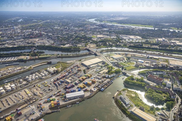 Aerial view, harbour Duisburg Ruhrorter Straße with Ruhrort Container Terminal and coal ring harbour with Karl-Lehr-Bridge, behind the industrial area Am Blumenkampshof, Ruhrort, Duisburg, Ruhr area, North Rhine-Westphalia, Germany, DE, Europe, commercial enterprise, commercial area, commercial property, commercial location, commercial use, harbour, harbour area, harbour area, industrial area, industrial location, aerial view, aerial photography, aerial photography, overview, bird's-eye view, birds-eyes view, duisport, overview