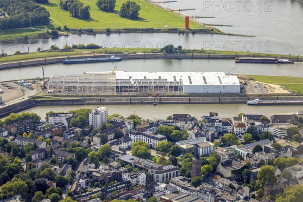 Aerial view, logistics hall construction site and new building on Mercatorinsel, Ruhrort, Duisburg, Ruhr area, North Rhine-Westphalia, Germany, construction work, construction area, construction site, building plots, construction project, construction site, DE, Europe, island, logistics, aerial photograph, aerial photography, aerial photography, new building, overview, bird's-eye view, overview