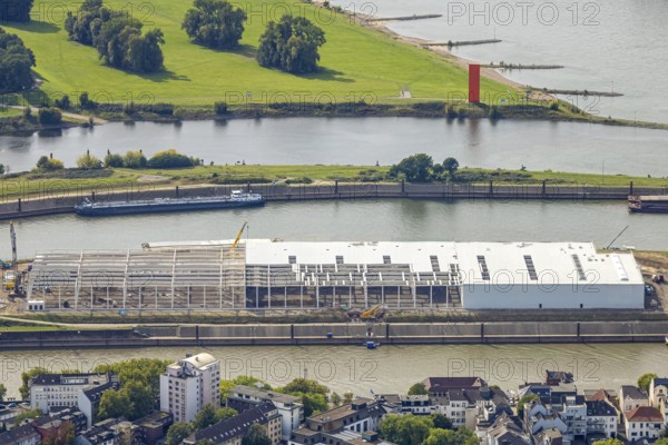 Aerial view, logistics hall construction site and new building on Mercatorinsel, Ruhrort, Duisburg, Ruhr area, North Rhine-Westphalia, Germany, construction work, construction area, construction site, building plots, construction project, construction site, DE, Europe, island, logistics, aerial photograph, aerial photography, aerial photography, new building, overview, bird's-eye view, overview