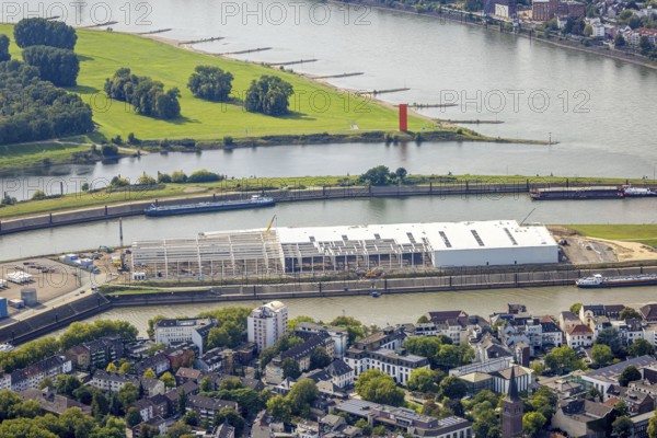 Aerial view, logistics hall construction site and new building on Mercatorinsel, Ruhrort, Duisburg, Ruhr area, North Rhine-Westphalia, Germany, construction work, construction area, construction site, building plots, construction project, construction site, DE, Europe, island, logistics, aerial photograph, aerial photography, aerial photography, new building, overview, bird's-eye view, overview