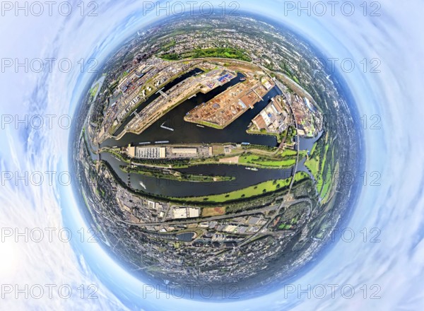Aerial view, Duisburg-Ruhrort harbour with oil island, coal island and scrap island, A59 motorway, Ruhr river and Rhine-Herne canal, globe, fisheye image, fisheye image, 360 degree image, tiny world, little planet, fisheye image, Ruhrort, Duisburg, Ruhr area, North Rhine-Westphalia, Germany, DE, Europe, fisheye lens, fisheye lens, harbour, harbour area, harbour overview, Little Planet, aerial view, aerial photography, aerial photography, super wide angle lens, Tiny World, overview, bird's eye view, globe, birds-eyes view, duisport, fisheye lens, insta360 camera, overview